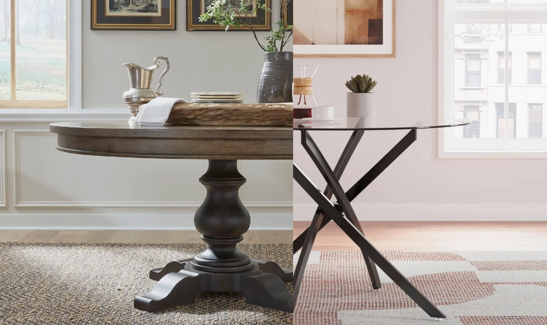 Split-view image of two dining room tables: one traditional round wooden table with pedestal base, and one modern round table with black metal X-shaped legs, set in a bright, stylish dining room.
