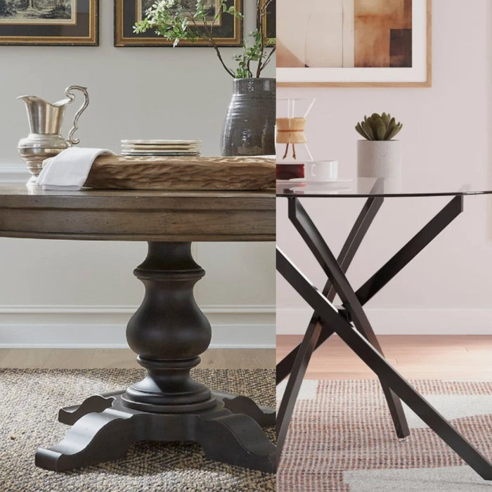Split-view image of two dining room tables: one traditional round wooden table with pedestal base, and one modern round table with black metal X-shaped legs, set in a bright, stylish dining room.