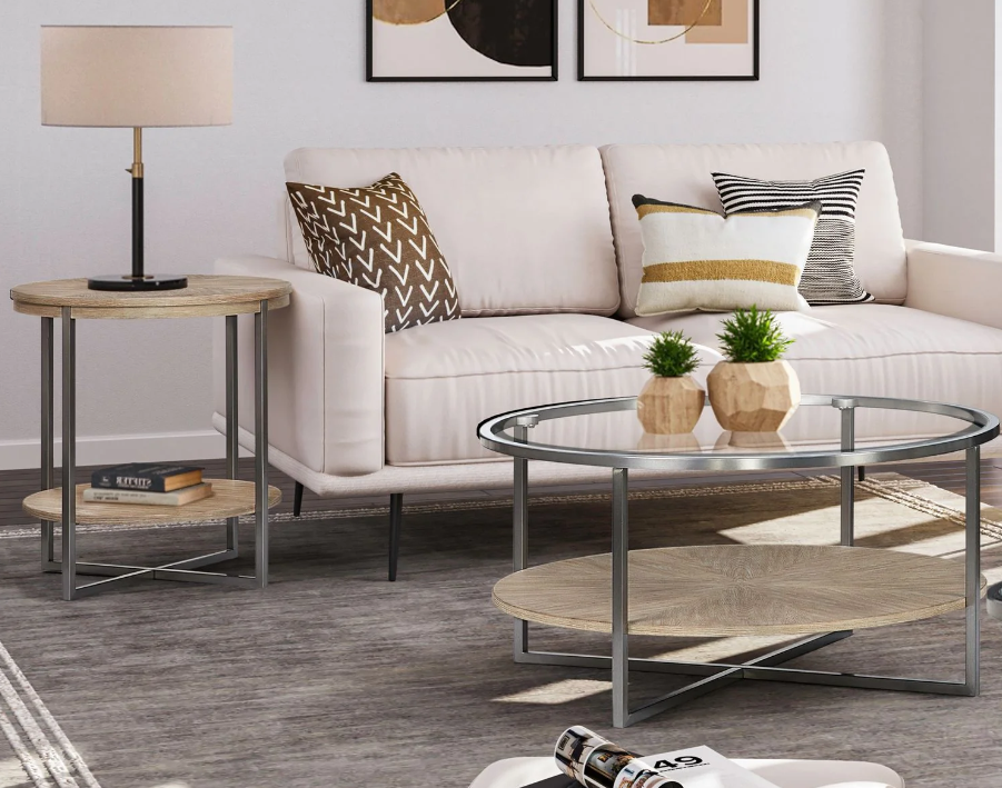 A stylish living room featuring a modern sofa, a glass coffee table, and a wooden side table with a decorative lamp, perfect for your living room table setup.
