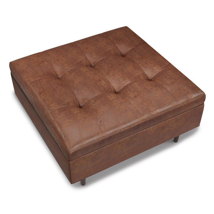 Shay - Mid Century Large Square Coffee Table Storage Ottoman - Distressed Saddle Brown