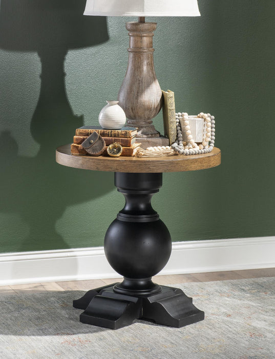 Vintage Market - Urn Base End Table - Barnwood Oak And Kettle Black