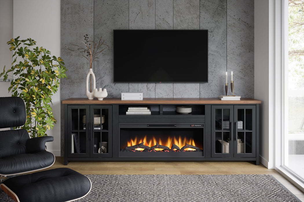 Bridgevine Home - Essex 97" Fireplace TV Stand Console - Black and Whiskey Finish