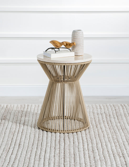 Biscayne - Round Rope End Table With Travertine Top - Beige