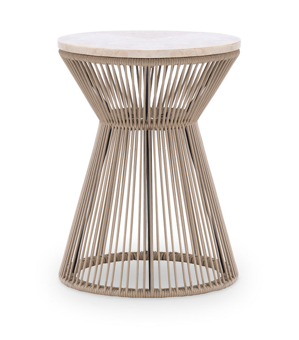 Biscayne - Round Rope End Table With Travertine Top - Beige